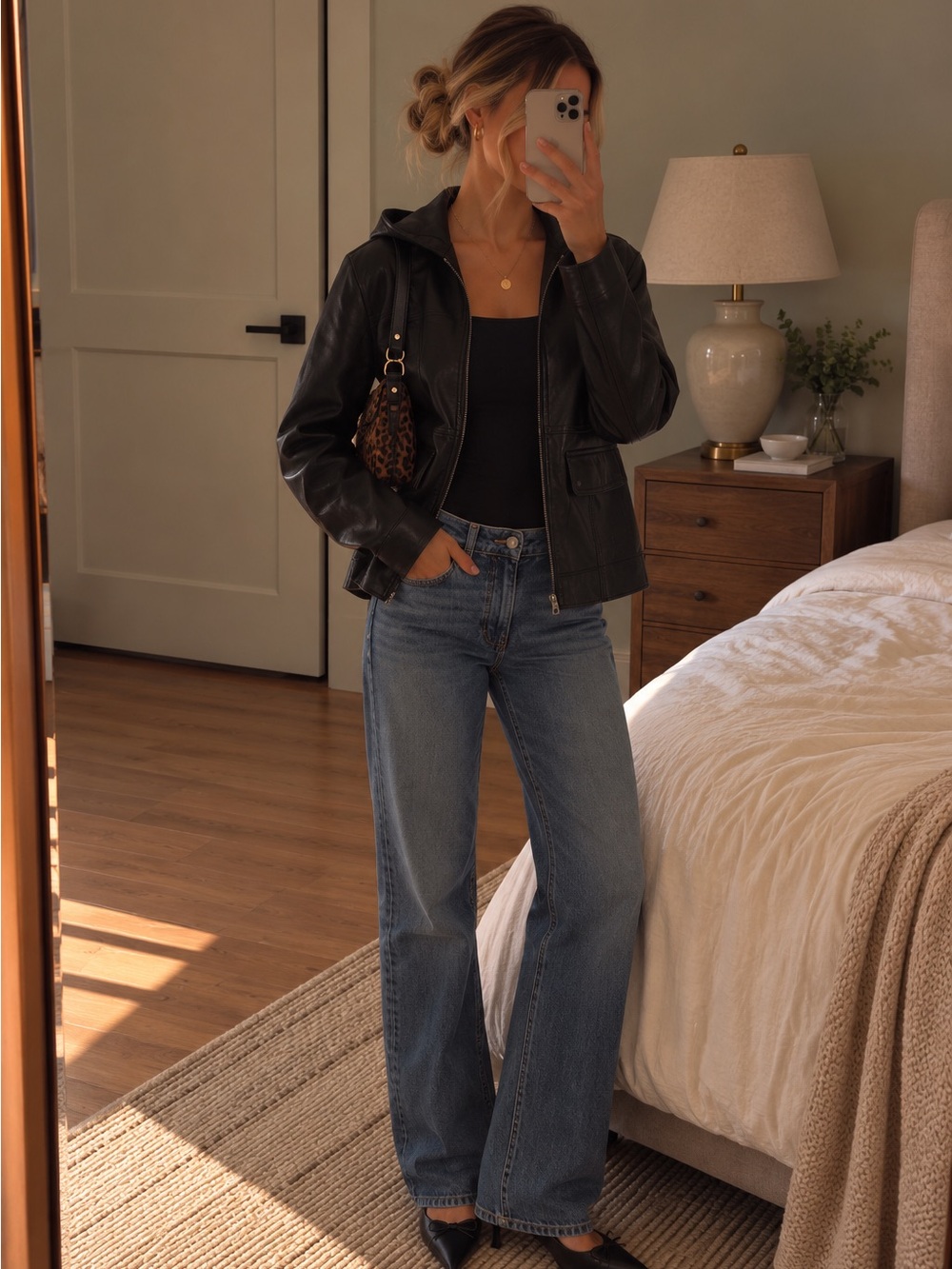 Nine West Black 100% Genuine Leather Hooded Jacket